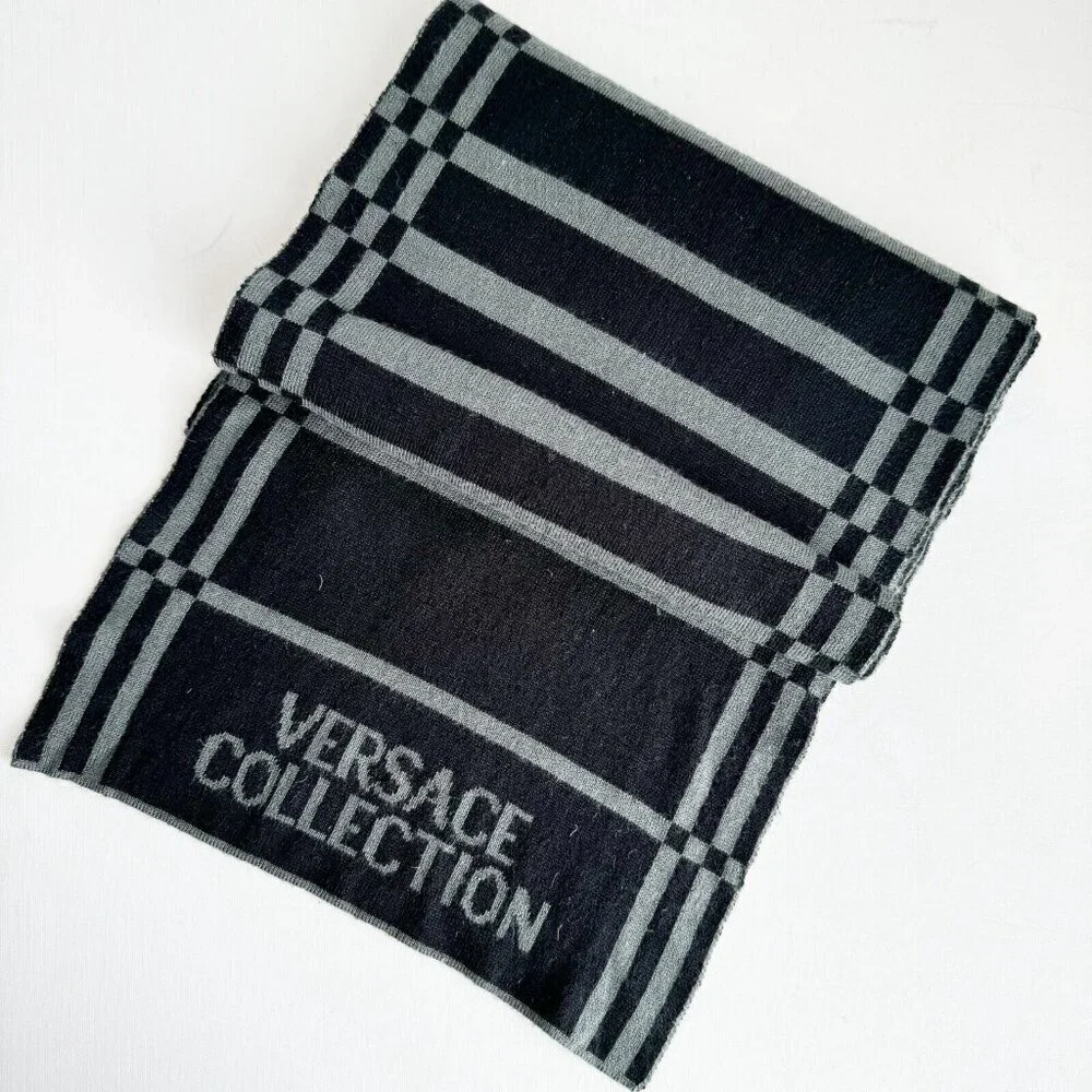 Versace Collection Reversible Wool Blend Grey Geometric Print Scarf